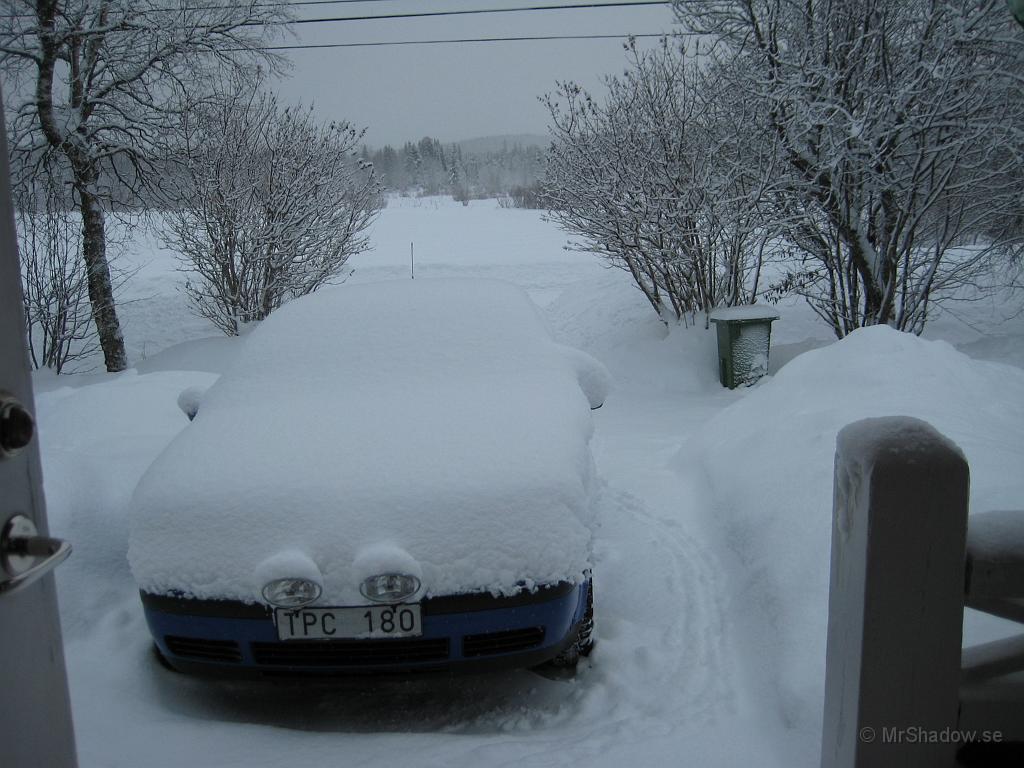 IX70_0202.JPG - Söndag vid ca 11:30Nu är det över en decimeter snö på bilen.Spåren i snön har nog troligen en räv gjort. Vid 6 på morgonen var det ett spår, men här är det två. Kollade dock inte om de går åt samma håll..Kul med lite djur, men jag vill gärna se mer än spår.